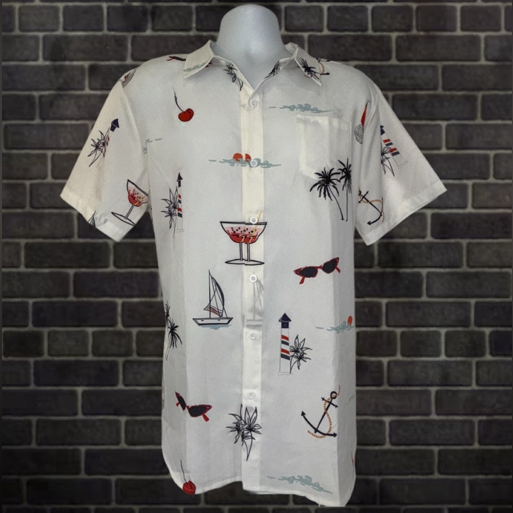 Manfinity White Nautical Print Short Sleeve Button-Up Shirt Men’s Size - XL
